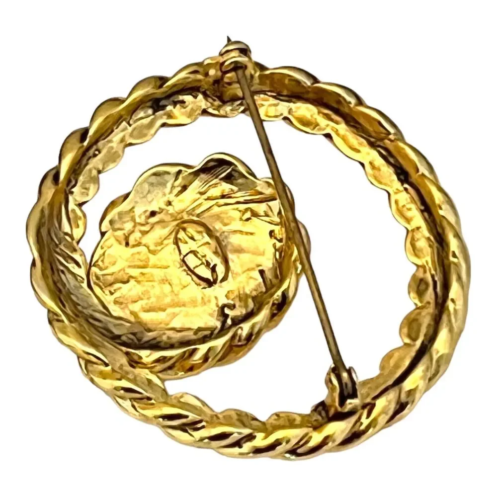 Vintage 1960s Gripoix Style Cabochon Brooch Pink Glass Gold Tone Rope Pin - 8U